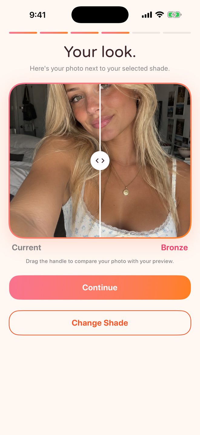 Tanli comparing a starting photo with a Bronze tan preview using a drag handle